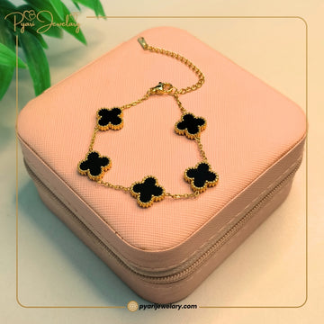 Gold-Plated Black & White Clover Charm Bracelet | Pyaari Jewellery