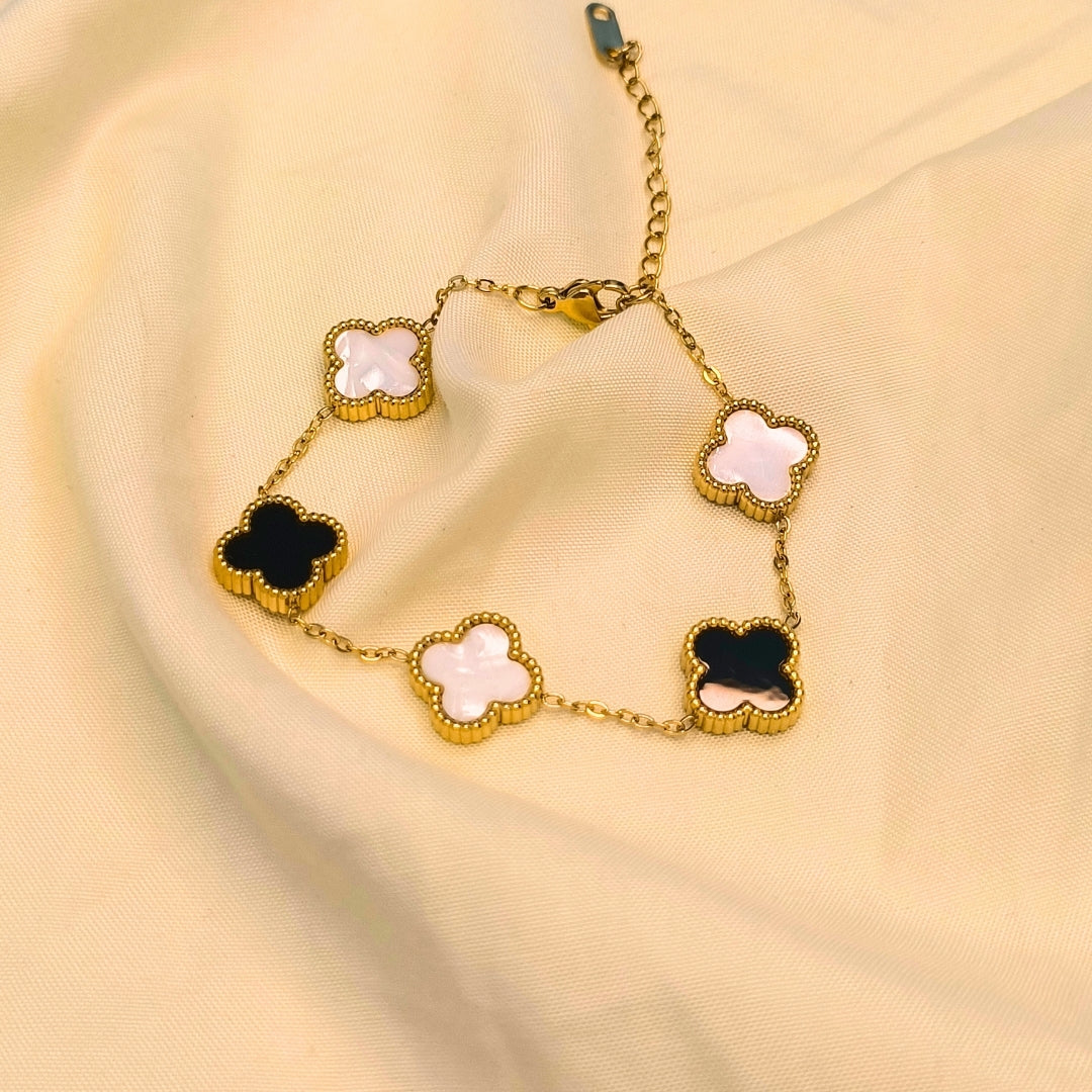 Elegant Black & White Clover Charm Bracelet | Premium Artificial Jewelry for Women – Pyaari Jewellery