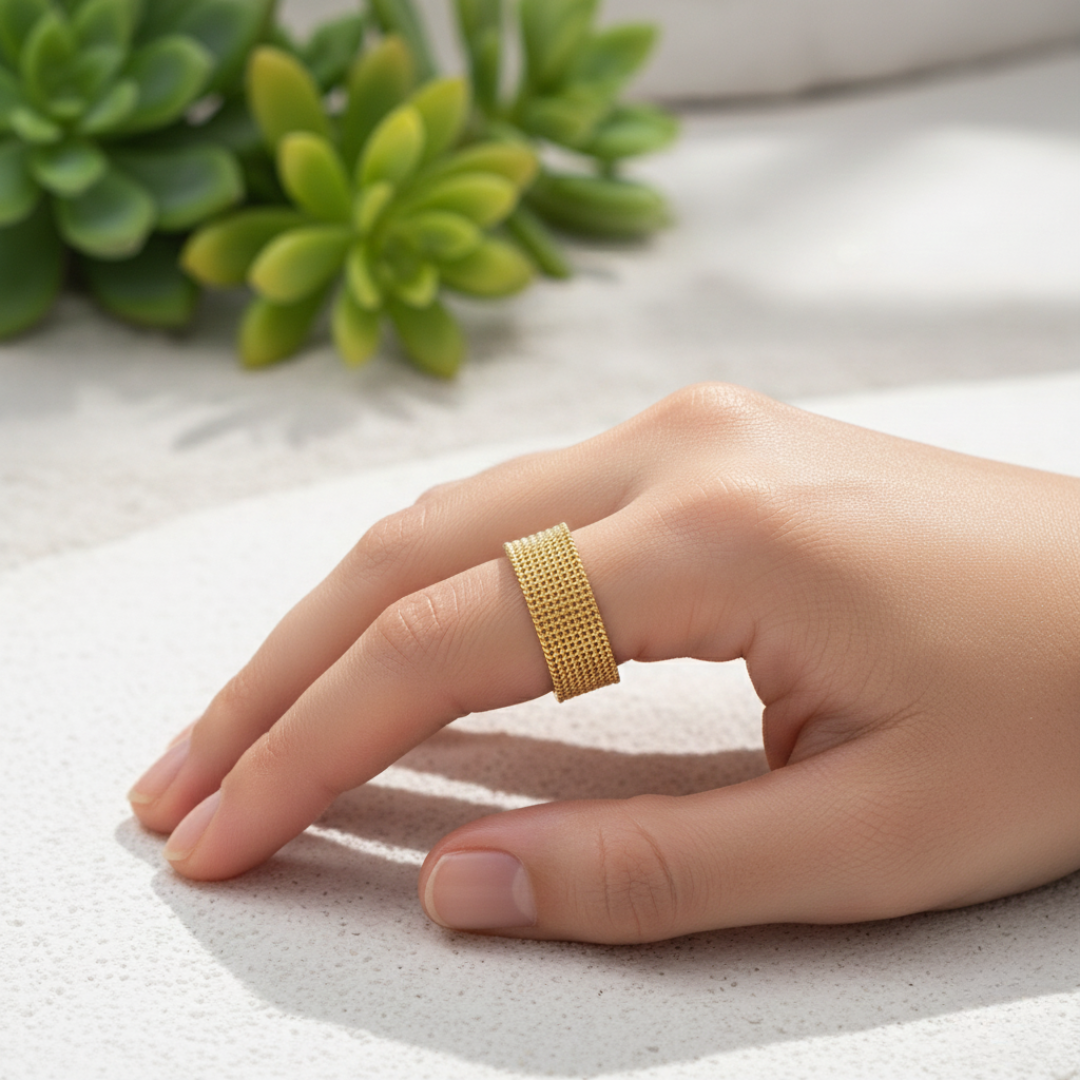 Luxury Gold Mesh Band Ring for Women | Minimalist Stainless Steel Statement Jewelry