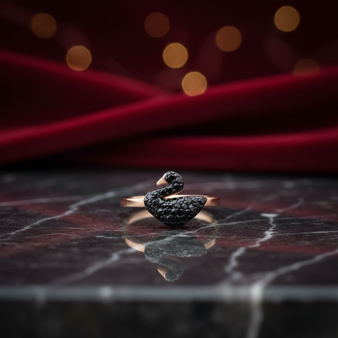Luxury Black Swan Crystal Ring for Women | Rose Gold Statement Fashion Jewelry