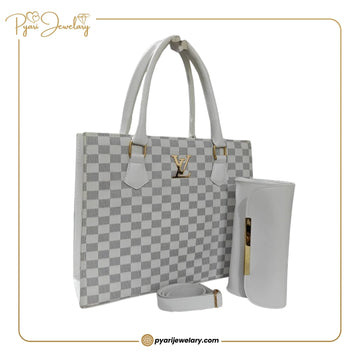Elegant White Checkered Luxury Tote Handbag Set for Women | Premium PU Leather Shoulder Bag