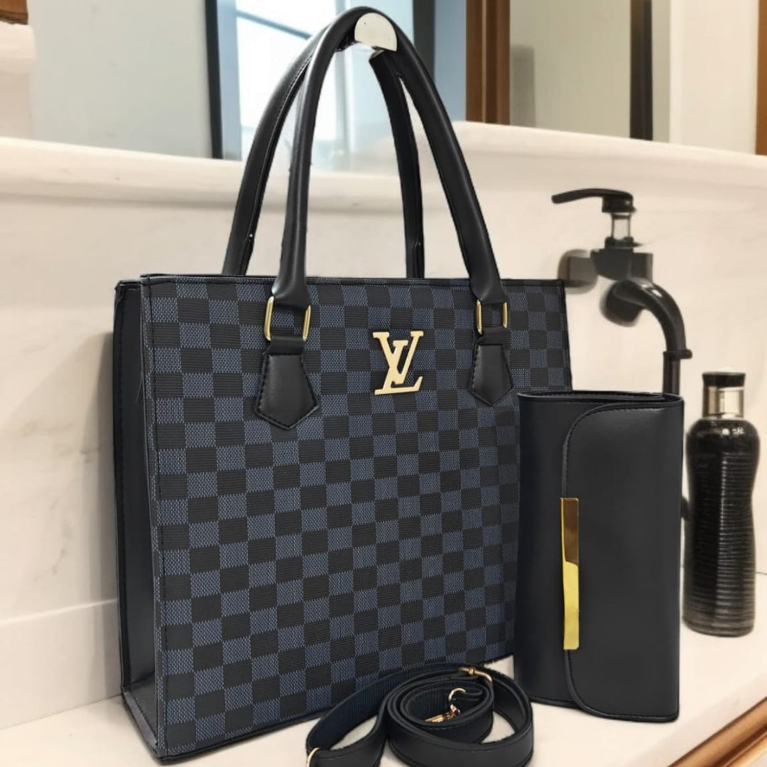 Elegant White Checkered Luxury Tote Handbag Set for Women | Premium PU Leather Shoulder Bag