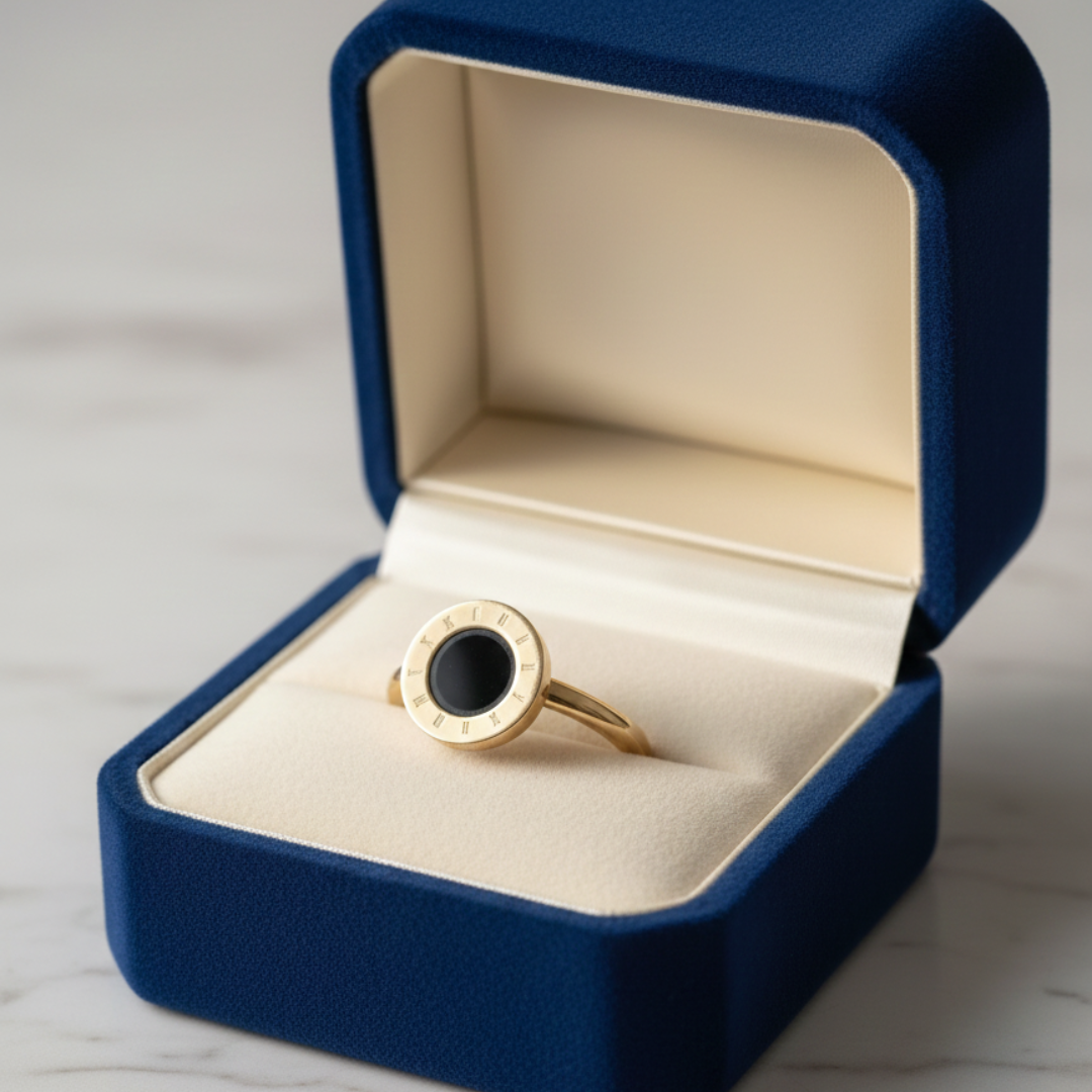 Luxury Black Roman Dial Ring for Women | Gold-Tone Minimal Statement Ring