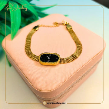 Pyari Jewellery Gold Chain Bracelet with Black Oval Dial