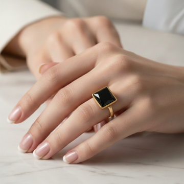 Luxury Black Square Stone Ring for Women | Elegant Gold-Tone Minimal Statement Jewelry
