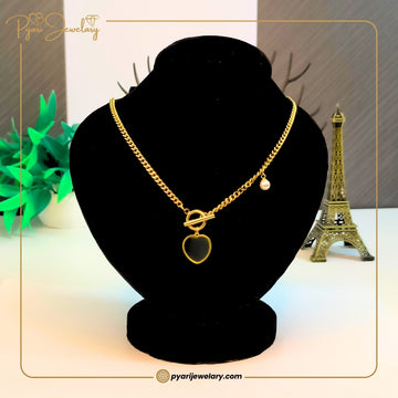 Pyari Jewellery Gold Black Heart Necklace | Elegant Toggle Chain with Pearl Accent