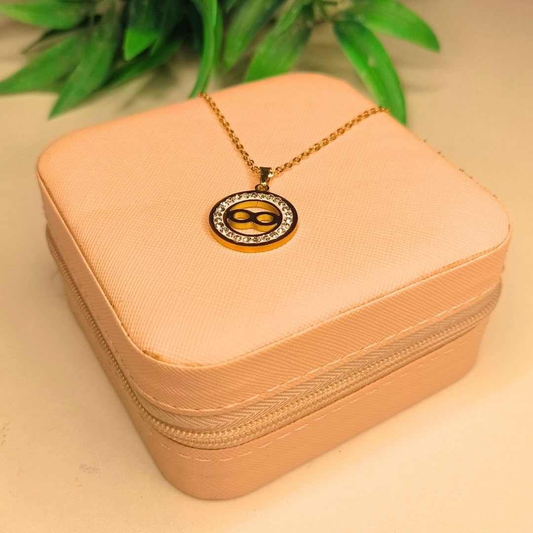 Pyari Jewellery Infinity Gold Pendant Necklace Set | Crystal-Studded Round Charm for Women